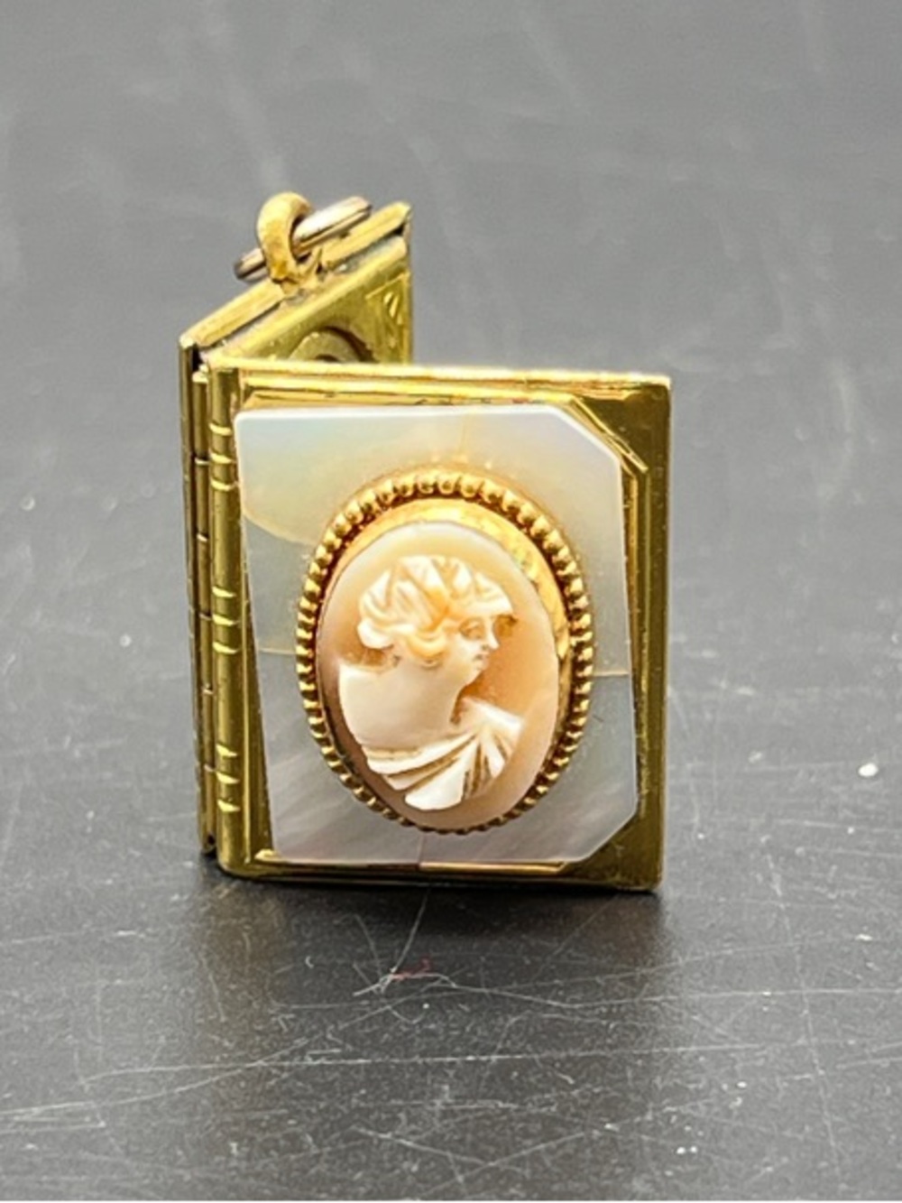Antique Gold Plated Cameo Book Locket Pendant Necklace - Carved Shell